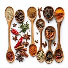 Wooden spoons filled with assorted spices.