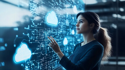 A woman explaining cloud computing concepts using a diagram on a whiteboard 