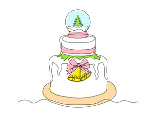 Christmas cake with bells and a Christmas tree, dessert. continuous single line art drawing sketch, logo