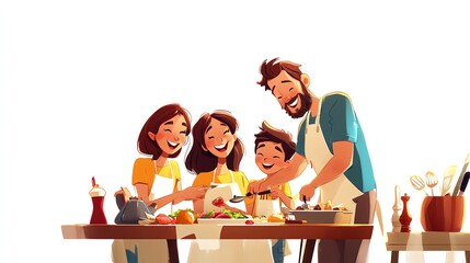 a 2D cartoon illustration of a family making dinner together, happy and loving, white background--ar 16:9