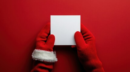 Obraz premium Santa-themed glove holding a blank card for a festive holiday design concept