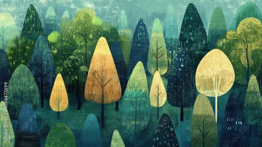 Poster a colorful, abstract representation of a forest with various stylized trees and foliage.