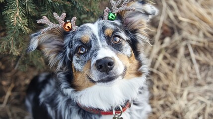 Adorable Dog with Reindeer Antlers Celebrating the Holiday Season Surrounded by Natural Decor and Festive Vibes in a Charming Outdoor Setting