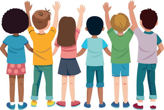 Group of elementary school students raising hands together
