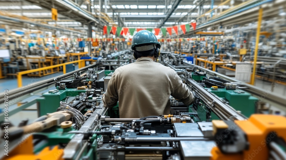 Poster worker on an assembly line in a factory