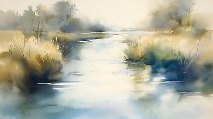 Serene Watercolor Creek, Soft Landscape Painting