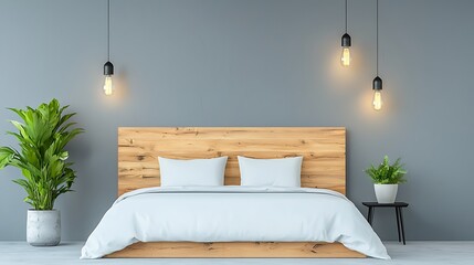 Modern bedroom design with wooden bed minimalist decor indoor plants bright lighting