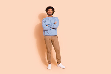 Full body photo of confident positive nice latin guy wear blue shirt trousers holding arms crossed...