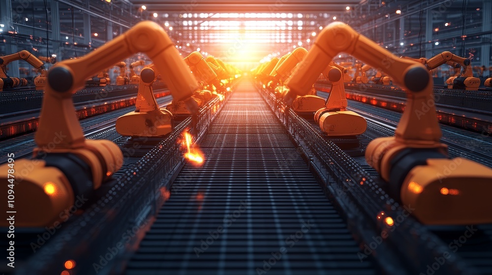 Poster a row of industrial robots working in a factory setting
