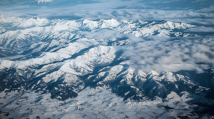 Fototapeta premium A view of a snow mountain range from an airplane