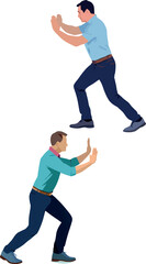 Two businessmen pushing invisible wall together, side view