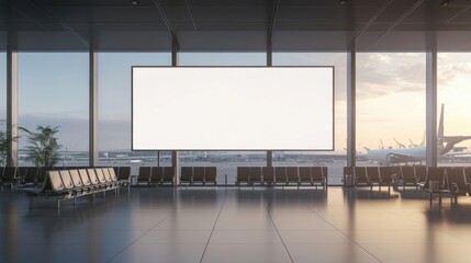 Departure lounge in an airport with a blank white billboard for advertisement mockup