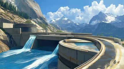 A modern hydroelectric dam set in a scenic mountain range, with powerful water streams symbolizing sustainable energy.