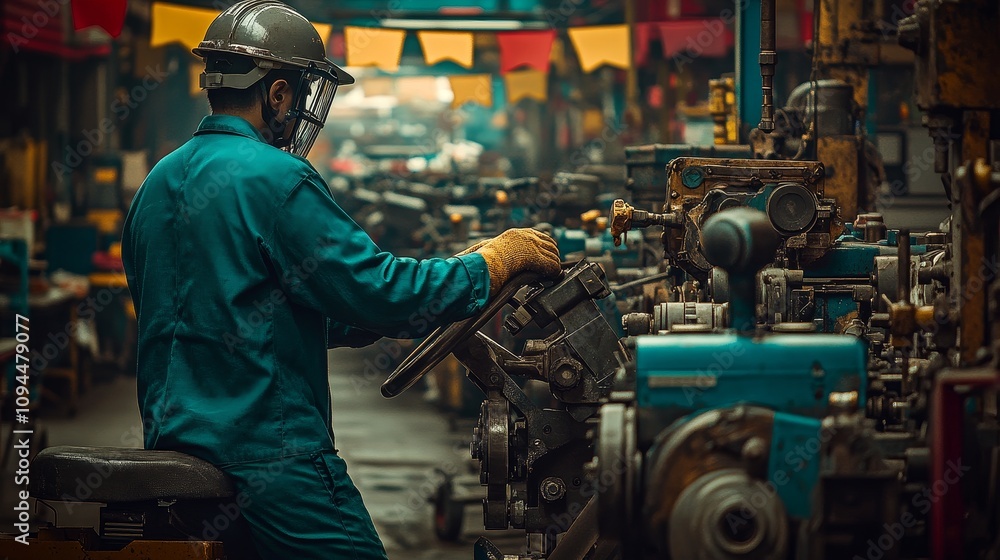 Poster a mechanic working on a tractor engine in a workshop