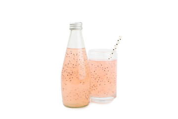 Diet detox cocktail with basil and chia seeds in glass jar and glass isolated on white background....