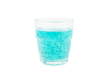 Diet detox cocktail with basil and chia seeds in glass jar and glass isolated on white background....