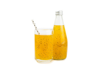 Diet detox cocktail with basil and chia seeds in glass jar and glass isolated on white background....