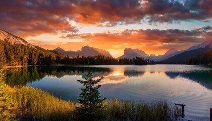 Fototapeta premium Golden Hour Over Serene Mountain Lake with Vibrant Reflections and Dramatic Sky
