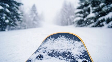 Close-Up View of Snowboard Amidst Snowy Winter Landscape with Pine Trees and Snowflakes Falling in a Scene of Winter Adventure and Excitement