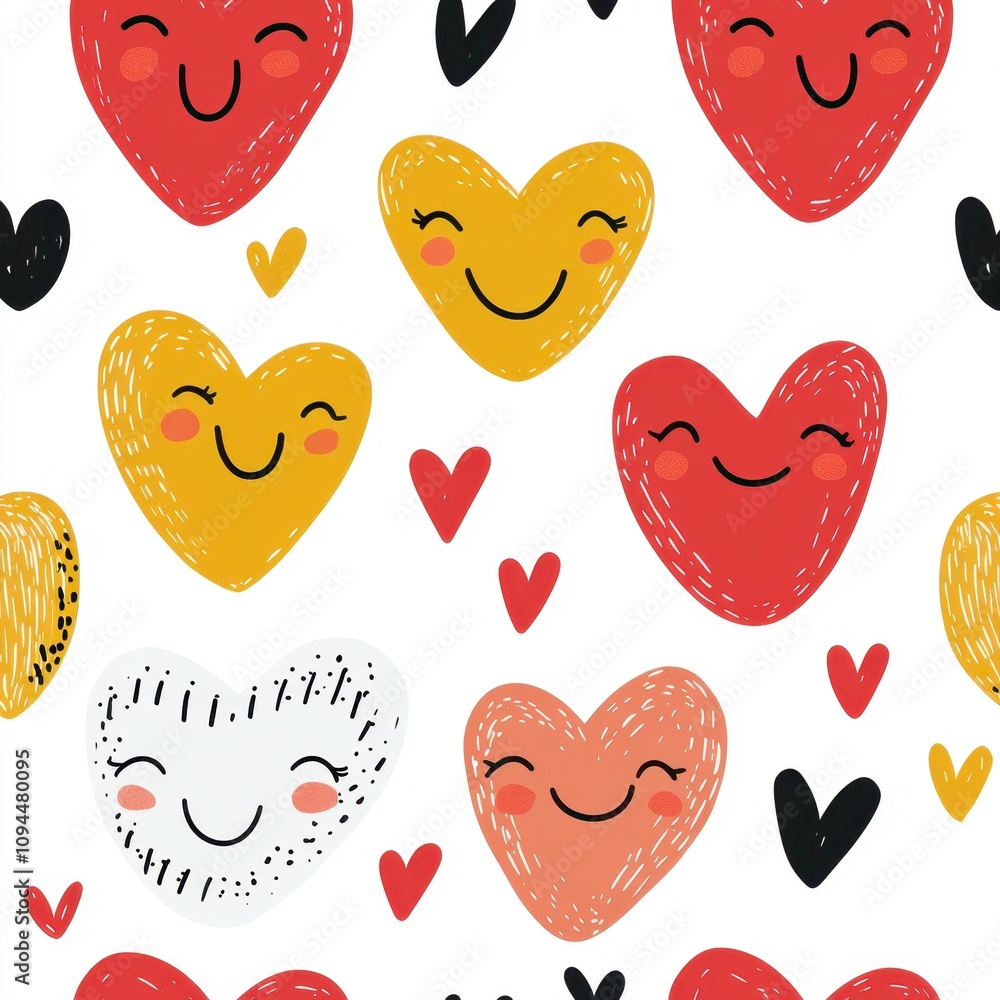 Poster a playful pattern of smiling hearts in various colors on a white background.