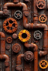 Close-up of rusted gears and pipes creating a vintage industrial background.