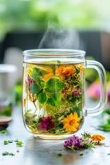 Herbal infusion in a glass cup