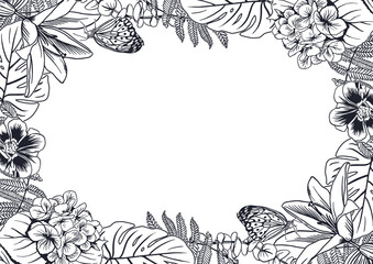 Tropical frame in ink. Monstera palm leaves, fern, lilies, anemones, butterflies. Hand drawn vector illustration in graphic style. For greeting cards, invitations, labels.