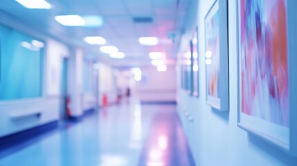 A blurred hospital corridor with framed artwork on the walls.