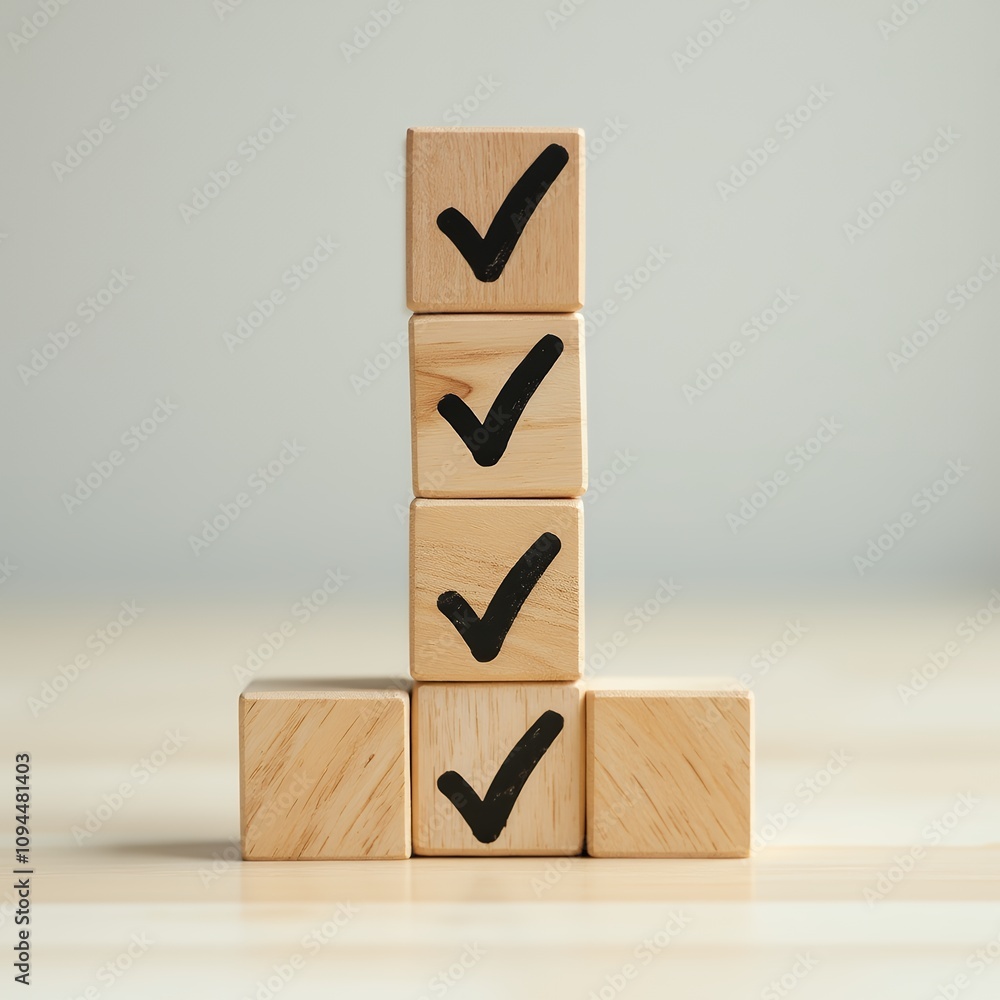 Poster Illustrative Check Mark Icons on Wooden Blocks for Job Lists and Task Management Tools to Enhance Productivity and Efficiency in Workplace Assessments