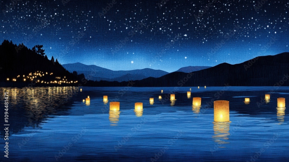 Fototapete a paper-cut world with floating lanterns illuminating a tranquil lake under a dreamy star-filled sky
