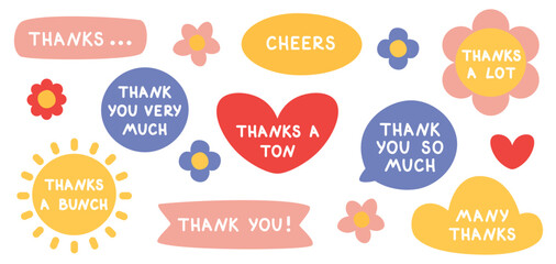 Set of vector stickers with different phrases thank you of different shapes in the form of a heart, sun, cloud, cloud, flower. Minimalistic design elements for chat, stickers, printing.