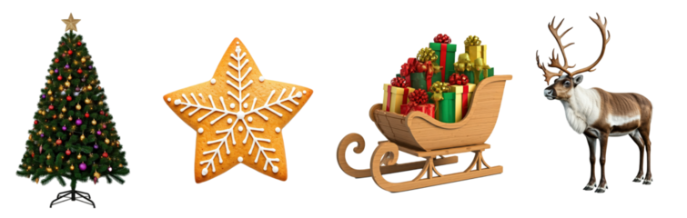 set bundle collection festive Christmas elements including a gingerbread cookie, reindeer, sleigh with gifts, and a decorated Christmas tree on white transparent background holiday designs 300dpi png