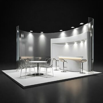 Modern, minimalist exhibition stand featuring a round glass table, bar counter, and chairs with metal legs. The curved glass background and soft lighting create a clean and contemporary atmosphere.