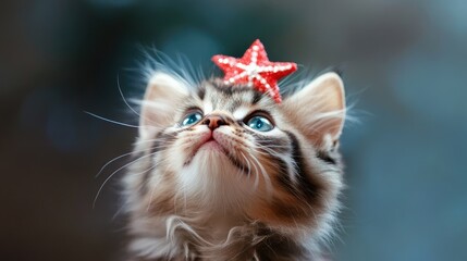 Fototapeta premium Adorable fluffy kitten with striking blue eyes gazing upwards, adorned with a bright red star decoration on its head, capturing a charming moment of curiosity and playfulness.