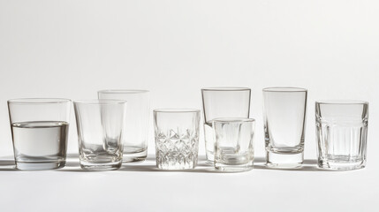 Clear glassware assortment tumblers highballs rocks glasses empty glasses glass drinkware barware crystal transparent clean simple minimalist still life white background glassware collection various