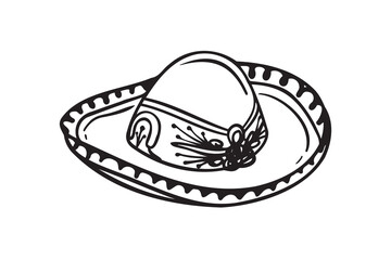 Hand drawn Mariachi hat illustration. Doodle mariachi hat. Sketch of mariachi hat isolated on white background. Sketch of sombrero. Vector illustration.
