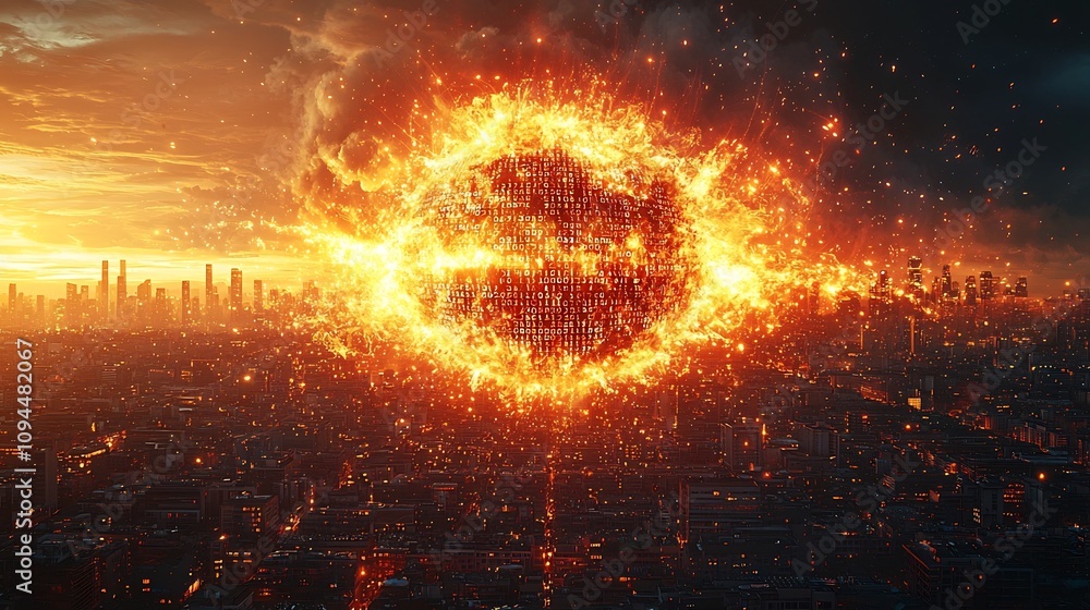 Poster cyber bomb explosion in virtual space with digital fragments and minimalist background