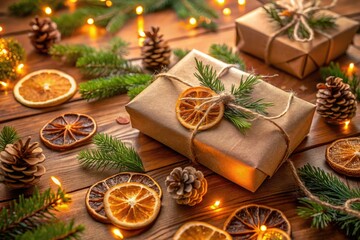 Winter-Themed Sustainable Wrapping Session with Kraft Paper, Recycled Twine, Eco-Friendly Decorations, and Natural Elements for Holiday Gifts, Emphasizing Green Choices and Creative Packaging Ideas