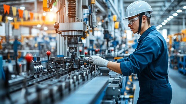 A factory worker operates machinery in a modern industrial setting