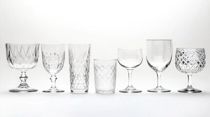 Elegant empty glasses various patterns clear textured etched glassware drinking glasses tumblers highball glasses wine glasses goblets crystal glass tableware barware home decor kitchenware vintage