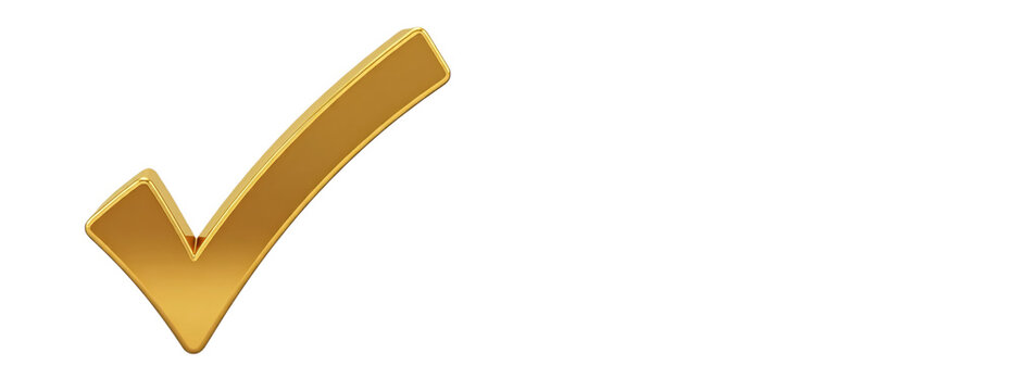 shiny 3d gold tick correction yes mark, often symbolizing confirmation or correct choice isolated on transparent backround 300dpi png file