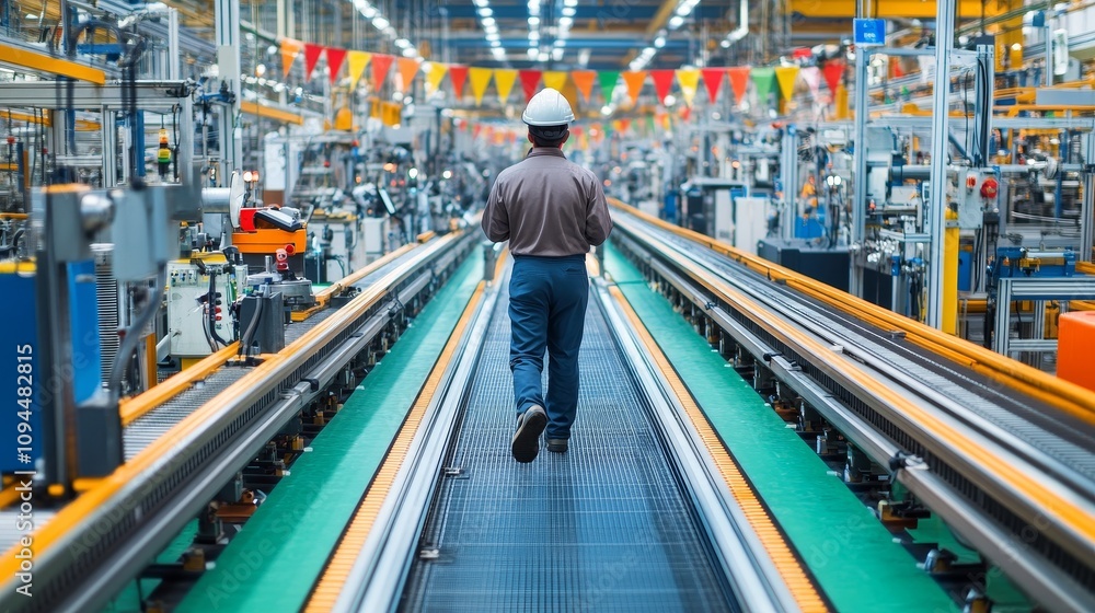 Poster a worker walking down the center of an assembly line in a factory