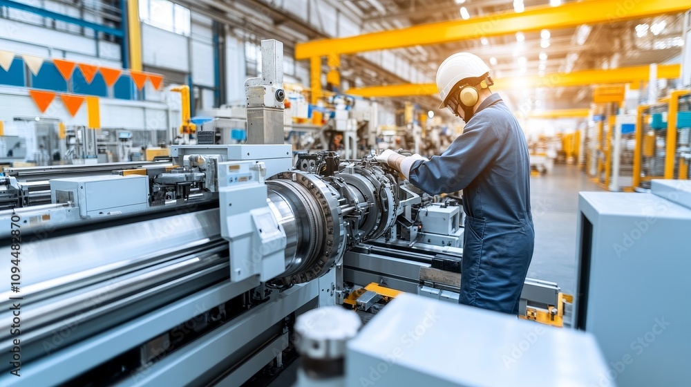 Poster a factory worker operating a large machine in a modern industrial setting
