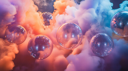 A surreal installation of floating transparent spheres filled with swirling colored smoke.