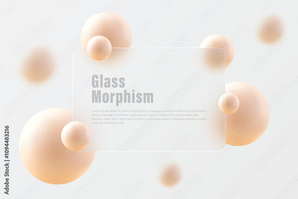 Poster glass morphism website landing page template. frosted glass partition with floating spheres.