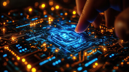 Exploring a futuristic circuit board with glowing components and a fingertip interaction in a dimly lit environment. Generative AI