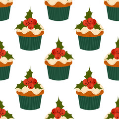 Christmas muffin with ilex berries . Festive Christmas or New Year seamless pattern. For textile, wrapping paper, background.