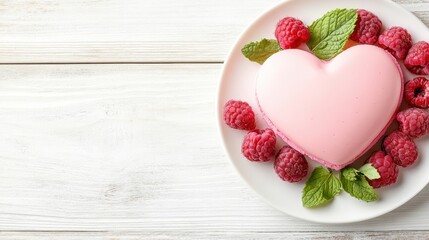 Heart-shaped pink dessert with fresh raspberries and mint leaves on a white plate, creating a simple yet elegant Valentine's Day treat.