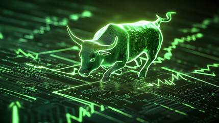 A symbolic concept of a glowing bull running across a green financial landscape with upward arrows.