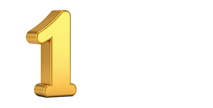 shiny 3d gold plated foil number one 1  in a neutral transparent white backround space isolated 300dpi png file